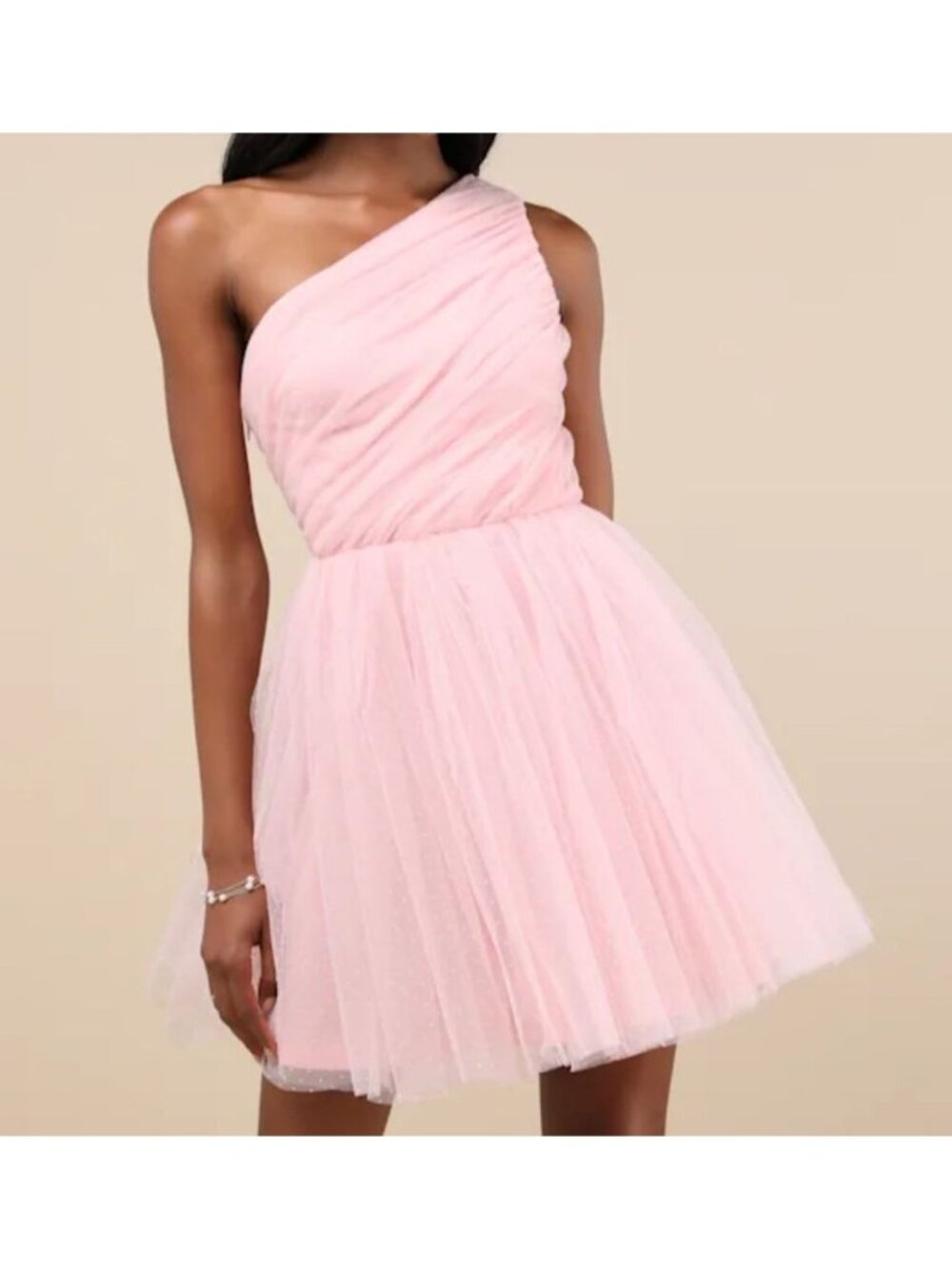 Lulus Exceptional Moments Light Pink Swiss Dot One Shoulder Mini Dress Large
